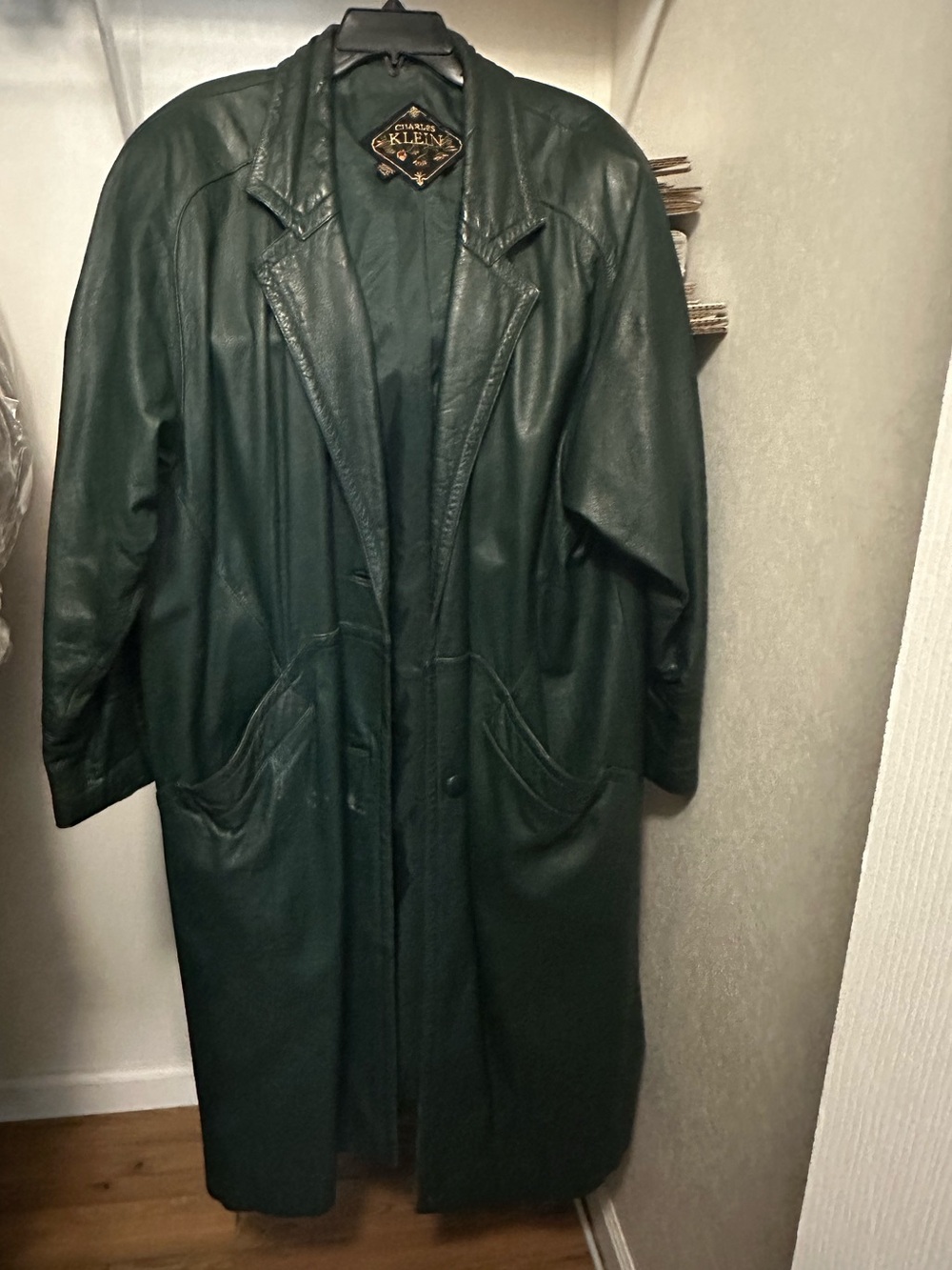 Vintage Charles Klein Dark Green Leather Trench Coat